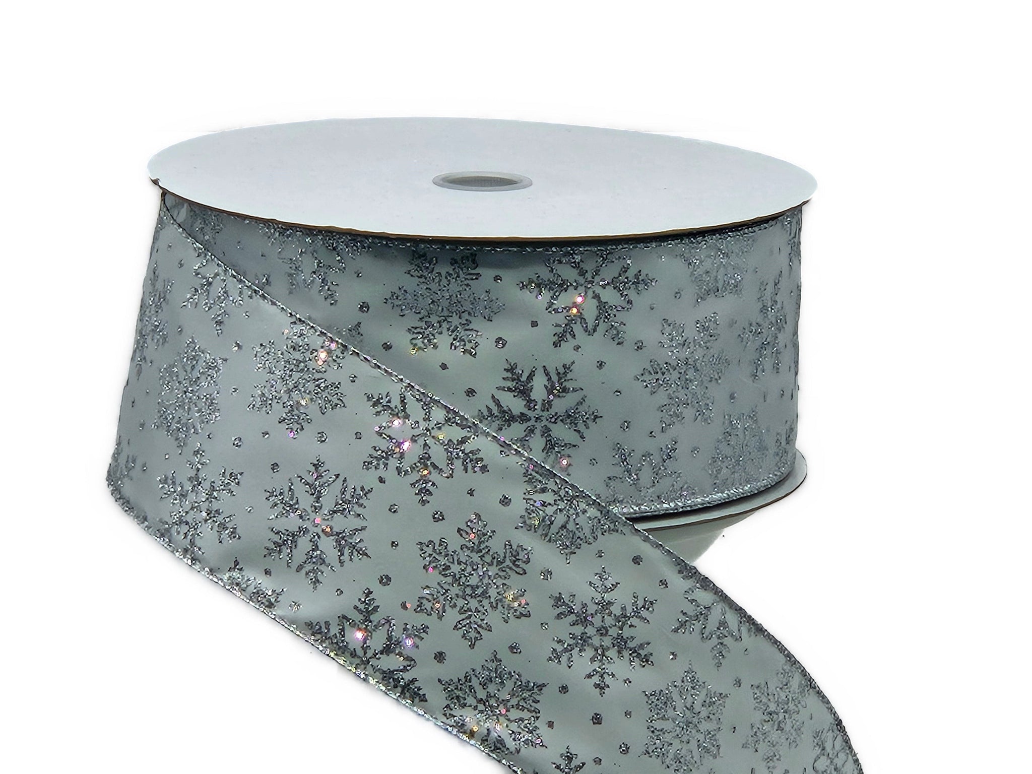 2.5 x 10yds White Satin Ribbon with Silver Glitter Snowflakes, Wired –  Perpetual Ribbons